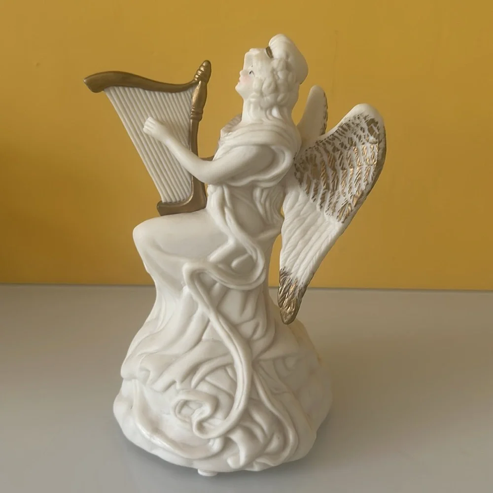 Set of 2 White Ceramic Angel Figurines w/ Harp and Violin Table Décor Sculptures